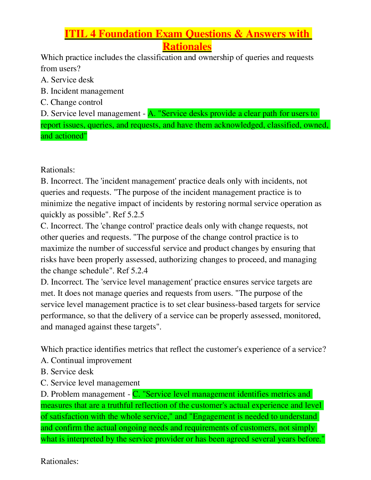 Preview image of ITIL 4 Foundation Final Exam Questions & Answers with Rationales document